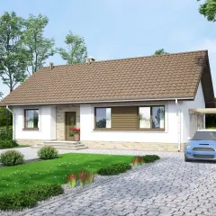 Uroczy dom jednorodzinny, projekt Mokka 3, z niebieskim autkiem pod drewnianą wiatą.