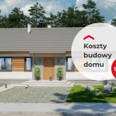Nowoczesny dom parterowy o powierzchni 100 m², z dużymi oknami i drewnianymi elementami elewacji.