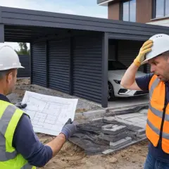 Dwóch budowlańców analizuje projekt garażu z wiatą. Jeden trzyma plany, drugi z niedowierzaniem łapie się za głowę.