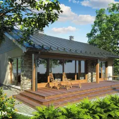 Uroczy projekt domu 40m2 z drewnianym tarasem i kamienną elewacją, otoczony zielenią. Idealne miejsce na relaks.