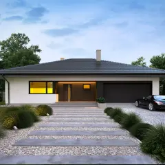 Nowoczesny dom jednorodzinny, projekt "Irysek 6", z podjazdem, garażem i czarnym sportowym samochodem.