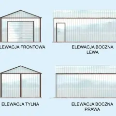 Różne elewacje projektu garażu blaszanego: frontowa z bramą, tylna z dwoma skrzydłami, lewa i prawa z drzwiami.