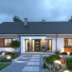 Nowoczesny dom na praktycznej 2 z oświetlonym ogrodem i podjazdem.