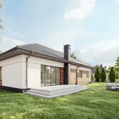 Nowoczesny projekt domu 160m2 z dużymi przeszkleniami i tarasem. W ogrodzie wypoczynkowa strefa z meblami.