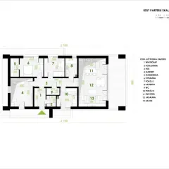 Rzut parteru domu PA-19, projekt pióro architekci. Widoczne pomieszczenia: salon, jadalnia, kuchnia, sypialnie, gabinet.