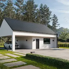 Nowoczesny projekt budynku gospodarczego z wiatą na samochód, otoczony zielenią i górami.