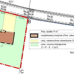 Wypełniony wniosek o warunki zabudowy z zaznaczonym projektowanym budynkiem i terenami zielonymi na mapie.