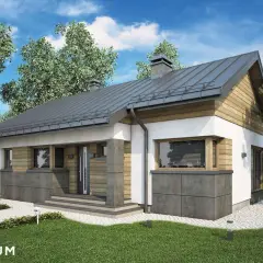 Nowoczesny dom jednorodzinny, projekt Roberto, z drewnianymi i kamiennymi elementami elewacji, otoczony zielenią.