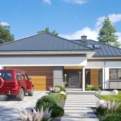 Nowoczesny dom jednorodzinny "Hiacynt" w realizacji. Czerwony SUV zaparkowany przed garażem, zadbany ogród.