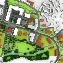 Wizualizacja MPZP: nowoczesne budynki, tereny zielone, drogi i zbiornik wodny. Plan zagospodarowania przestrzennego w akcji.