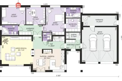 Projekt domu 5 pokoi z garażem dwustanowiskowym. Na parterze salon, kuchnia z jadalnią, łazienka, WC, pralnia, garderoba i wiatrołap. Na piętrze 3 pokoje, łazienka.