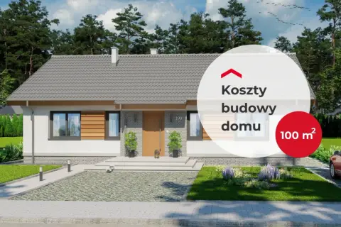 Nowoczesny dom parterowy o powierzchni 100 m², z dużymi oknami i drewnianymi elementami elewacji.