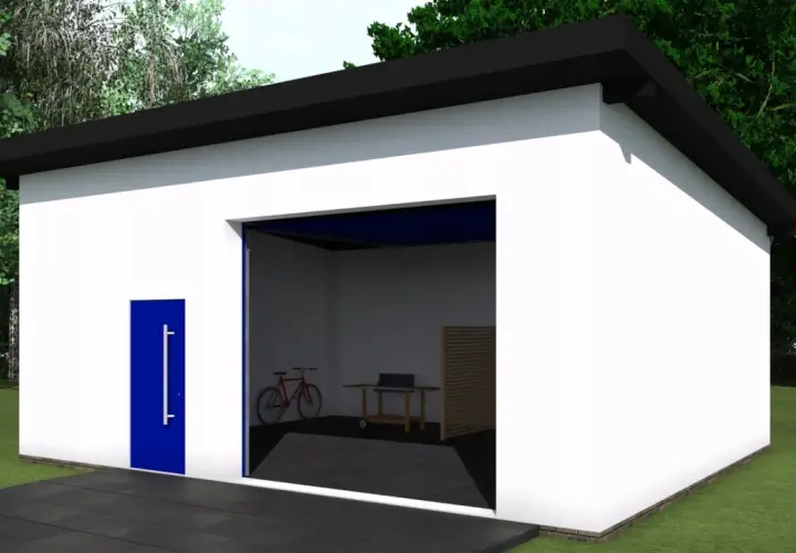 Nowoczesny projekt budynku gospodarczego jednospadowego z niebieskimi drzwiami i otwartą bramą, w której widać rower i grill.