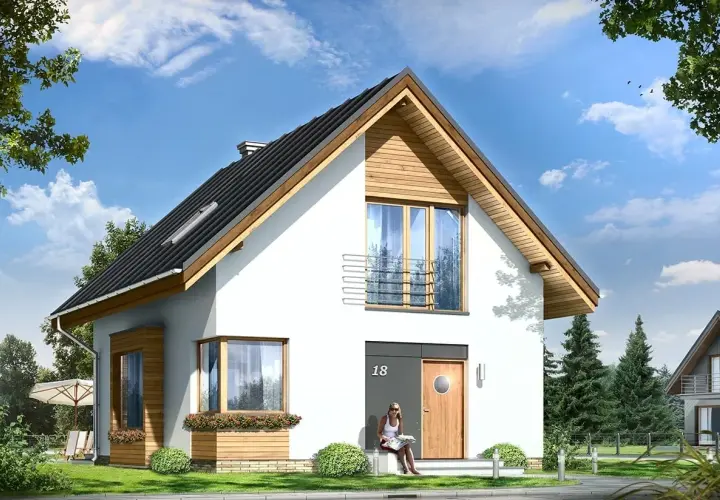 Nowoczesny dom z drewna i białego tynku, projekt domu Gucio, z dużymi oknami i balkonem.