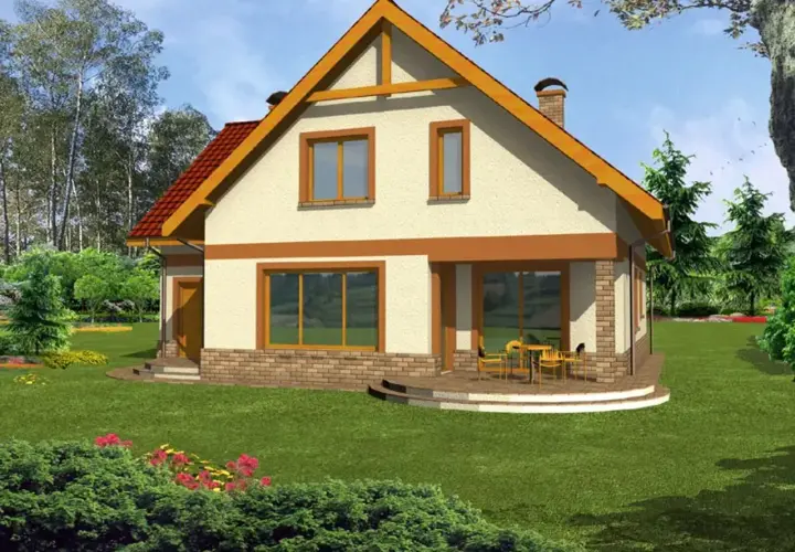 Projekt domu Anita: przytulny dom z ceglanym cokołem, dużymi oknami i tarasem. Otoczony zielenią i kwiatami.