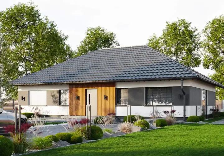 Nowoczesne domy parterowe do 100m2 z drewnianą elewacją i zadbanym ogrodem.