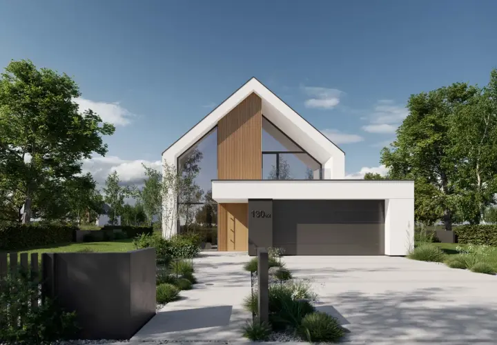 Nowoczesny projekt domu 6 pokoi z dużymi przeszkleniami i drewnianymi elementami. Elegancka bryła, garaż i zadbany ogród.