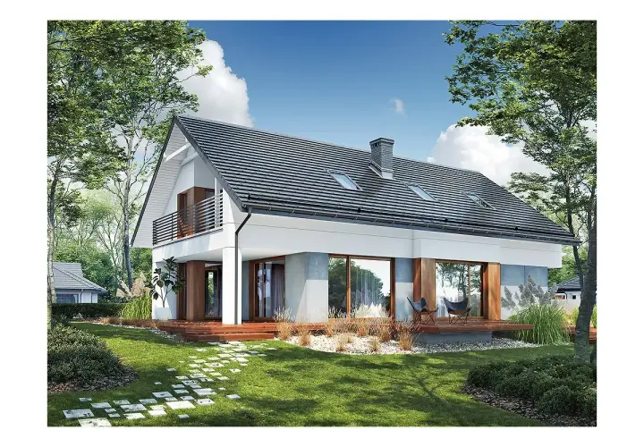 Nowoczesny projekt domu Nicea z dużymi przeszkleniami i drewnianym tarasem, otoczony zielenią.