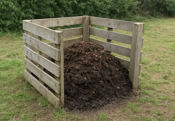 Drewniany kompostownik wypełniony ziemią i resztkami organicznymi. Prosty sposób, jak zrobić kompostownik w ziemi.