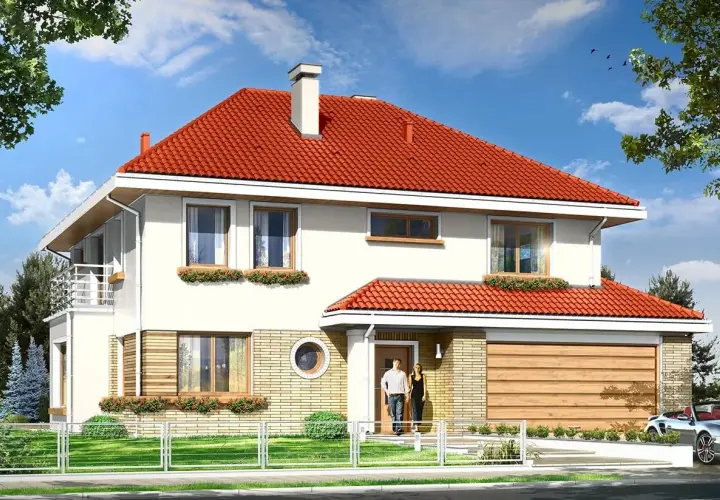 Elegancki projekt domu Orchidea z czerwoną dachówką i dużymi oknami. Para stoi przed wejściem, obok garaż i sportowy samochód.