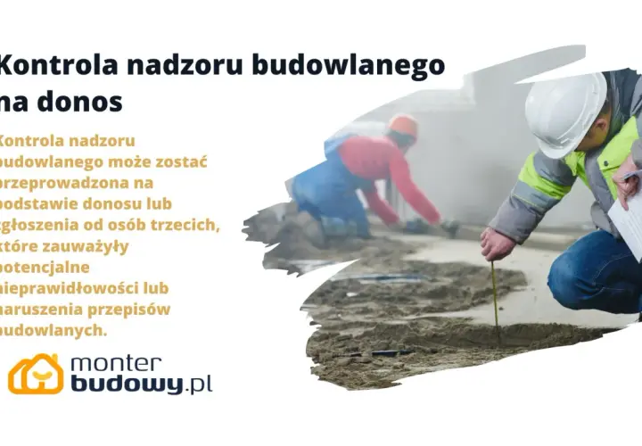 Kontrola nadzoru budowlanego na donos. Inspektor mierzy teren budowy, gdzie inny pracownik wykonuje prace.