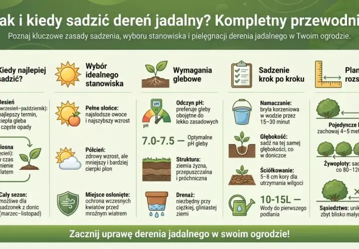 Jesień to najlepszy czas na sadzenie derenia jadalnego, gdy ziemia jest ciepła i wilgotna. Krzewy potrzebują żyznej, przepuszczalnej gleby.