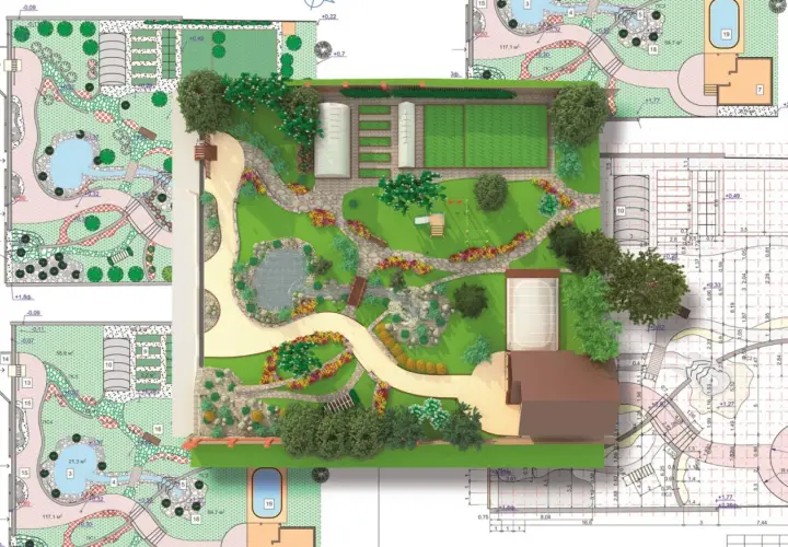Wizualizacja aranżacji ogrodu z elementami wodnymi, zielenią, domkiem i planami architektonicznymi.