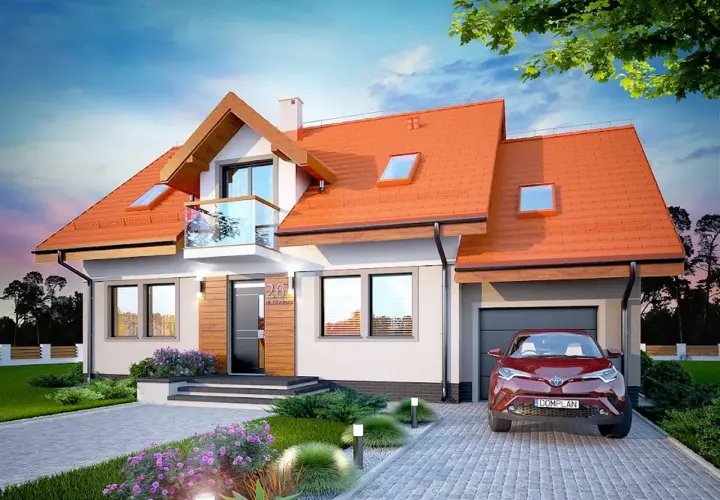 Nowoczesny dom Karmelita Bis 2m z garażem i balkonem, otoczony zielenią i kwitnącymi krzewami.