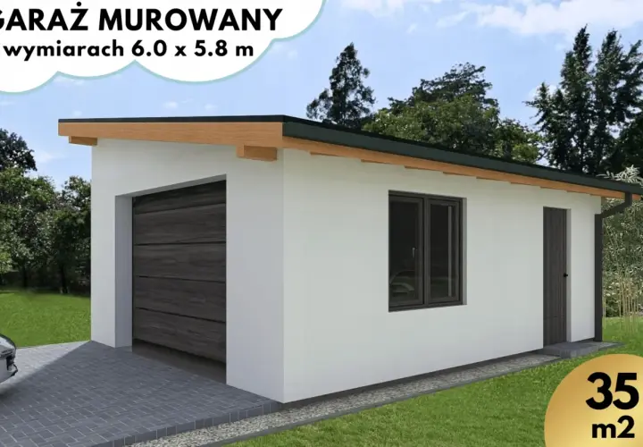 Nowoczesny garaż murowany projekt o wymiarach 6.0 x 5.8 m, z bramą garażową, oknem i drzwiami.