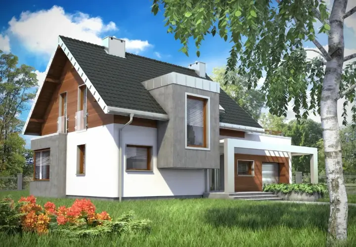 Nowoczesny dom z drewnianymi elementami i betonem, idealny dla rodziny. Projekt domu Lara to marzenie o własnym kącie.