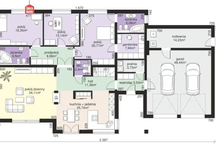 Projekt domu 5 pokoi z garażem dwustanowiskowym. Na parterze salon, kuchnia z jadalnią, łazienka, WC, pralnia, garderoba i wiatrołap. Na piętrze 3 pokoje, łazienka.