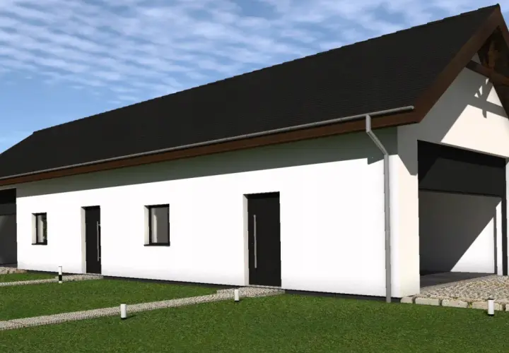 Nowoczesny budynek gospodarczy 100m2 z czarnym dachem i białymi ścianami, z dwoma bramami garażowymi i drzwiami.