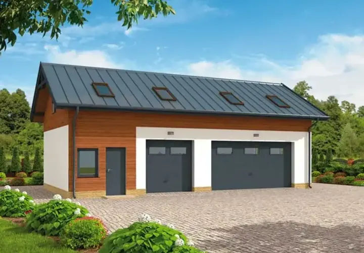 Nowoczesny projekt garażu z poddaszem użytkowym, dwustanowiskowy, z drewnianą elewacją i dachówką.