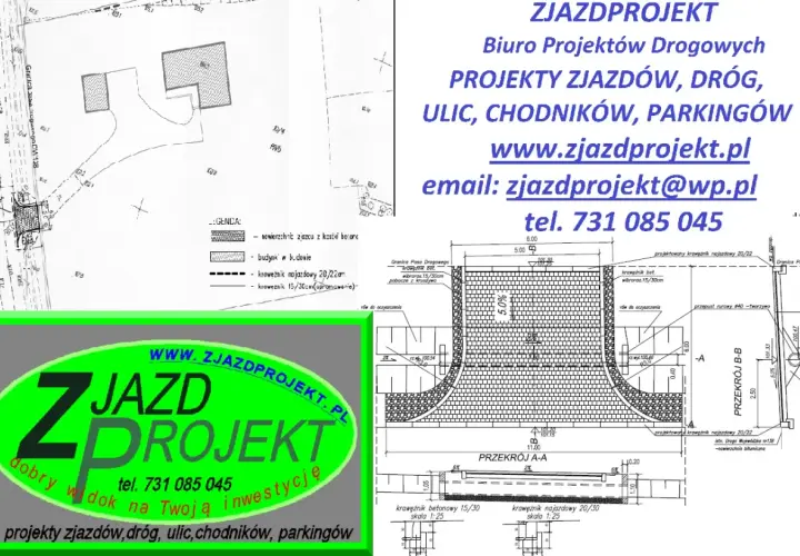 Projekt budowy zjazdu na działkę z kostki betonowej, z krawężnikami i odwodnieniem. Zjazd z projektu Zjazdprojekt.