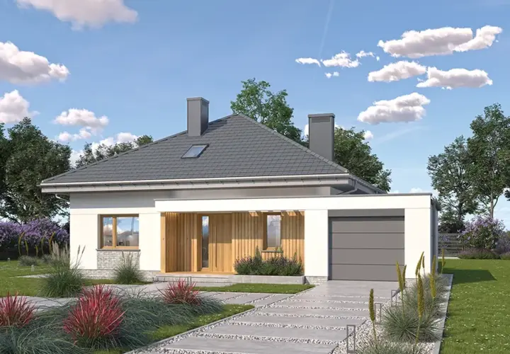 Nowoczesny projekt domu w lilakach, z garażem i wejściem osłoniętym drewnianą pergolą. Otoczony zielenią i kwitnącymi krzewami.