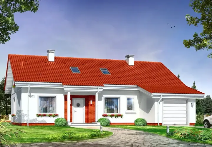 Nowoczesny dom jednorodzinny, projekt domu Luna, z czerwonym dachem, białymi ścianami i garażem.