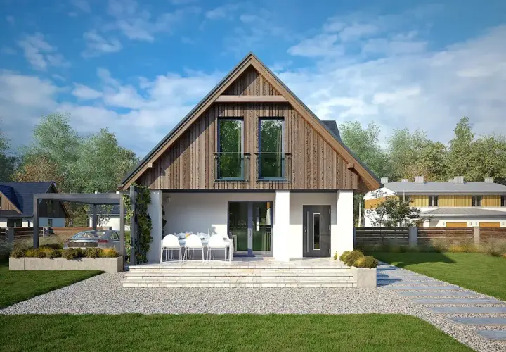 Nowoczesny projekt domu Poziomka z drewnianą elewacją i tarasem. Obok wiata na samochód.