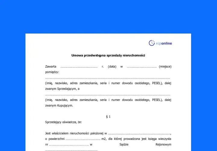 Umowa przedwstępna sprzedaży nieruchomości, zawierająca dane sprzedającego i kupującego, powierzchnię działki oraz numer księgi wieczystej.