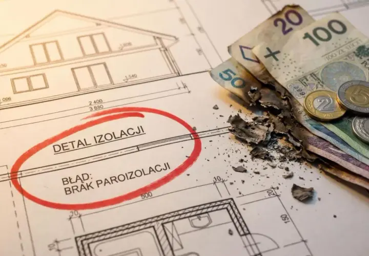 Błąd w projekcie budowlanym: brak paroizolacji. Spalone pieniądze symbolizują koszty naprawy. Różne przegrody budowlane rodzaje wymagają starannego planowania.