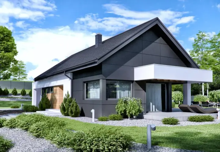 Nowoczesny dom, projekt home koncept 44, z czarną elewacją i białymi detalami, otoczony zielenią i zadbanym ogrodem.