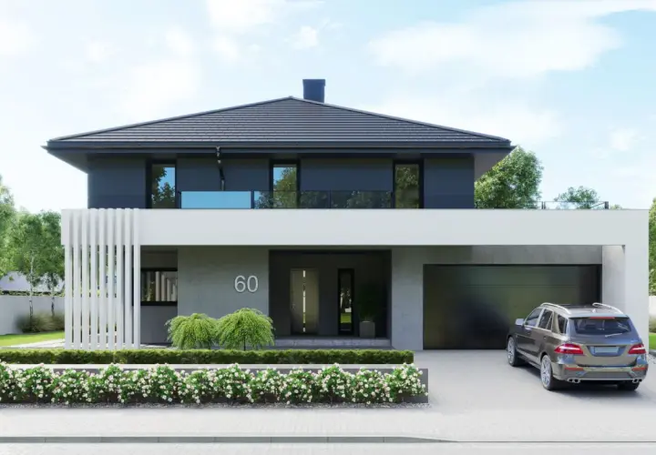 Nowoczesny projekt domu piętrowego z garażem i przestronnym tarasem. Elegancka bryła, duże okna i zadbany ogród.