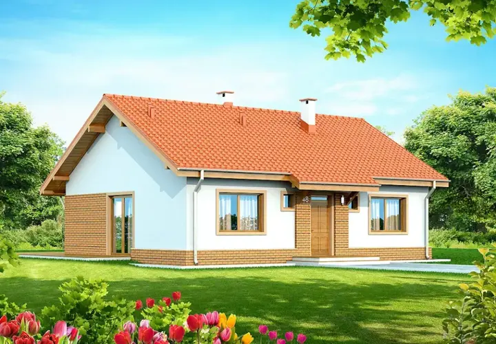 Urokliwy dom jednorodzinny, projekt domu Santia, z czerwonym dachem i ceglanymi detalami, otoczony zielonym ogrodem z kwitnącymi tulipanami.