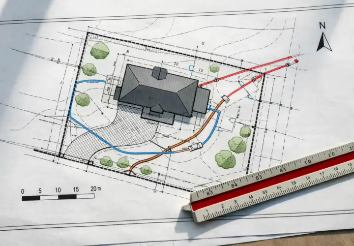 Projekt zagospodarowania terenu z domem, drogą dojazdową, drzewami i zaznaczonymi instalacjami. Linijka geodezyjna podkreśla skalę.