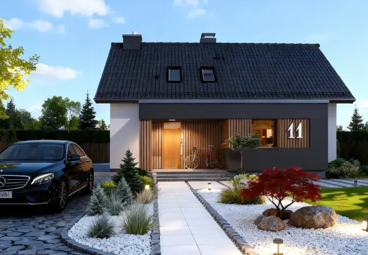 Nowoczesny dom z podjazdem, czarnym Mercedesem i rowerem przy drzwiach. Projekt domidea 60 dg.