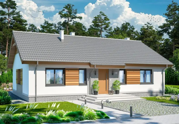 Uroczy, nowoczesny dom parterowy do 50m2 z drewnianymi elementami i zadbanym ogrodem.