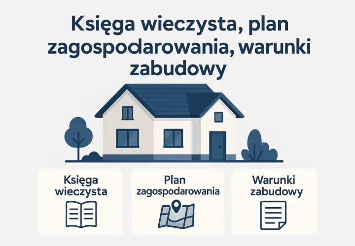 Ilustracja domu z ikonami: księga wieczysta, plan zagospodarowania, warunki zabudowy. Kluczowe dokumenty do budowy.