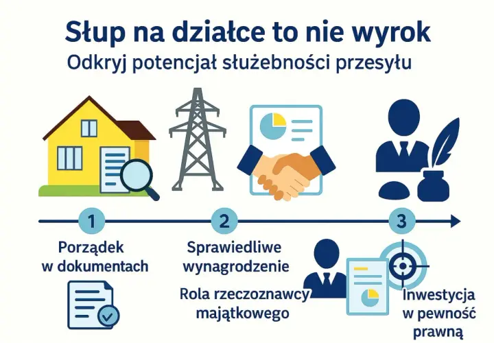Ilustracja pokazuje kroki do ustalenia, ile żądać za służebność przesyłu: porządek w dokumentach, sprawiedliwe wynagrodzenie i inwestycja w pewność prawną.
