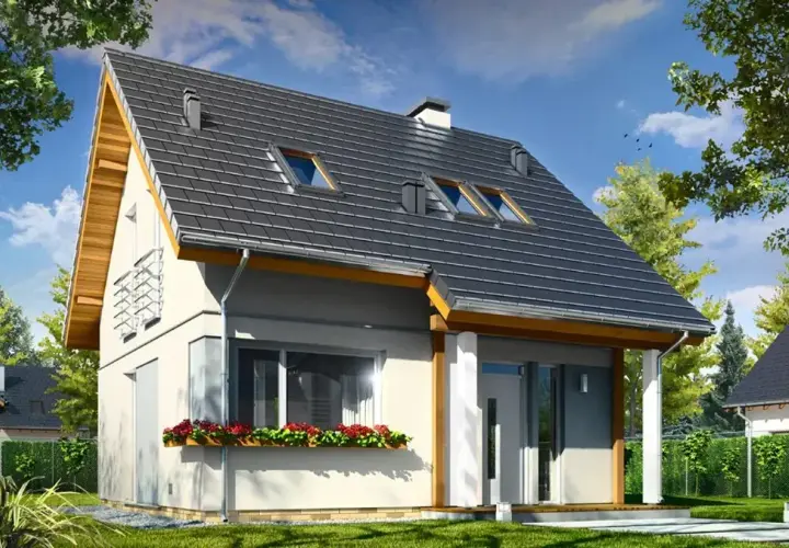 Nowoczesny projekt domu mikrus z szarym dachem, oknami dachowymi i kwiecistą skrzynką pod oknem.