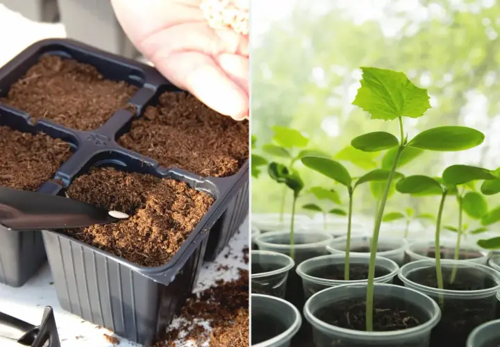 Sadzenie ogórków: ręka z nasionami nad doniczką z ziemią i młode sadzonki ogórków w plastikowych kubeczkach.