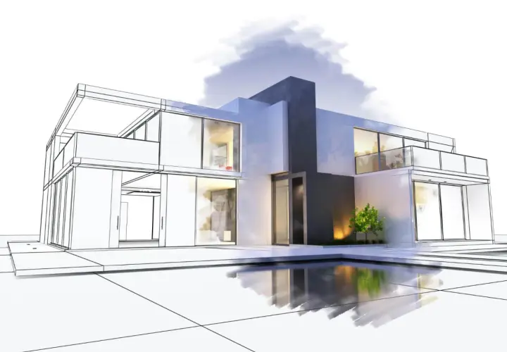 Wizualizacja nowoczesnego domu, gdzie szkic architektoniczny łączy się z renderem. Może to być zgłoszenie samowoli budowlanej, jeśli projekt nie jest zgodny z planem.